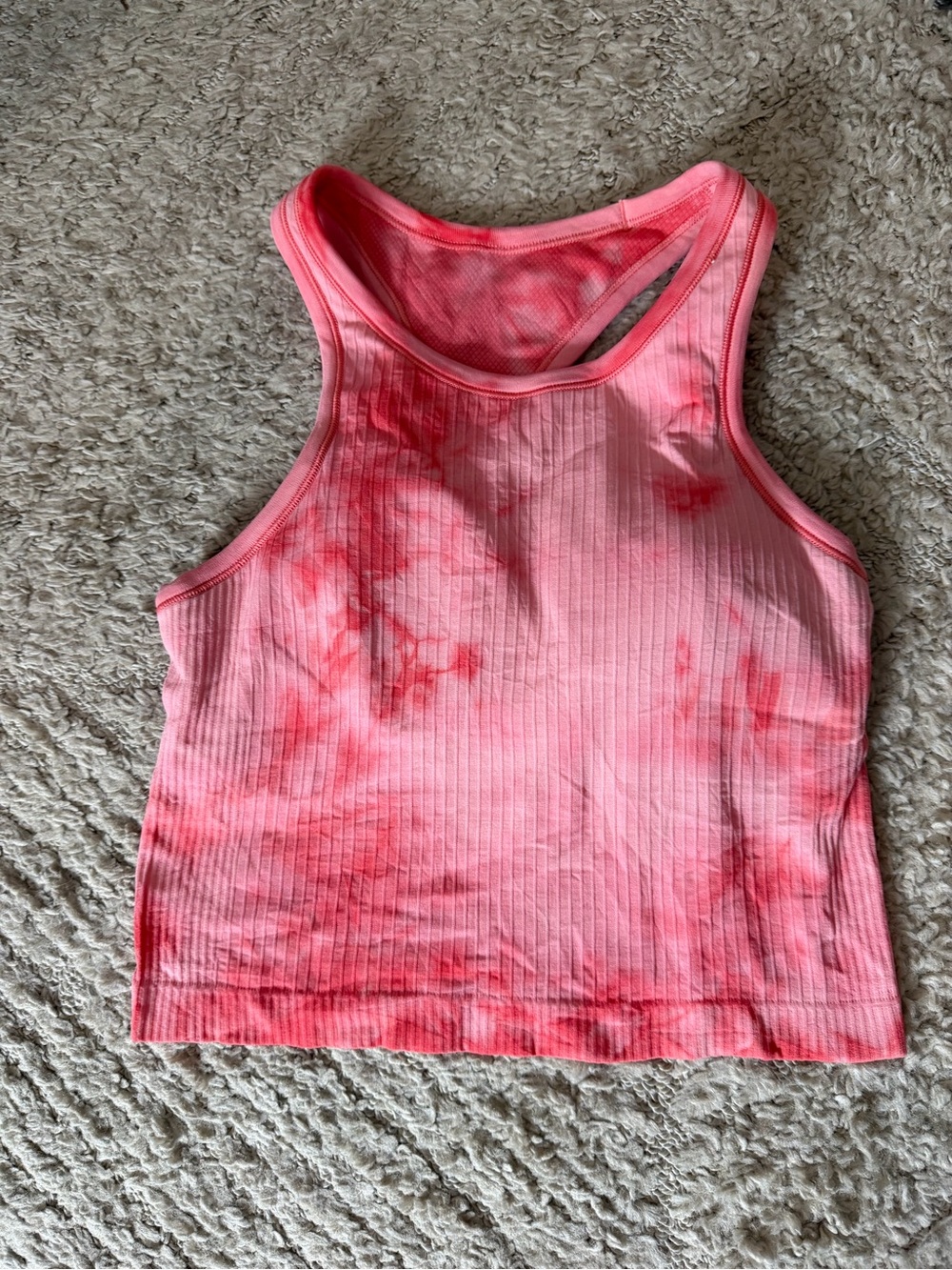 lululemon ebb to street cropped Pink Tie-Dye Ribbed Racerback Tank size 6